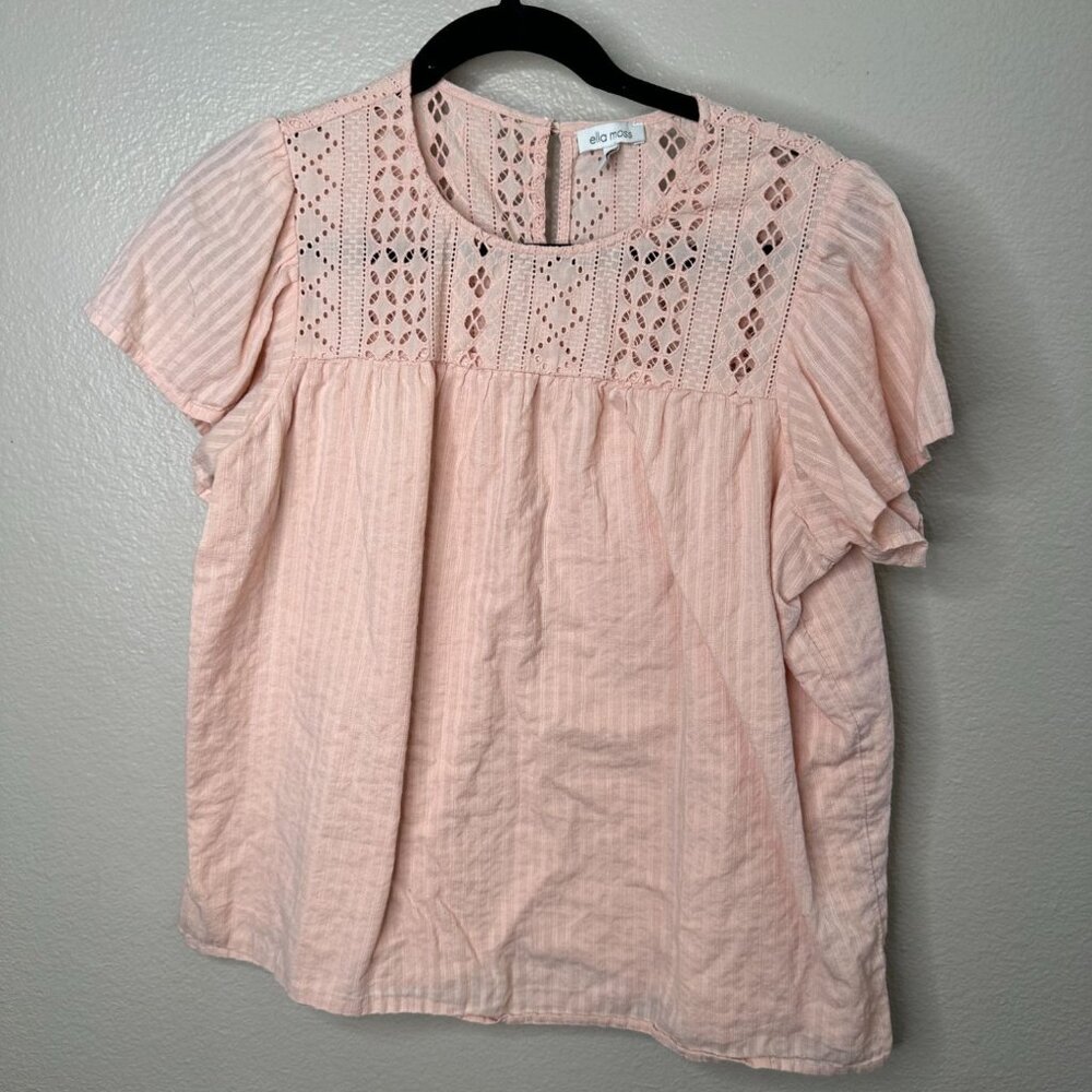 Ella Moss Womens Eyelet Lace Pink Top Size M Short Sleeve Cotton peasant gauzy